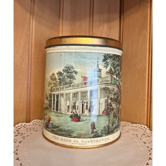 Vintage Currier & Ives Tin Canister Home of Washington Biscuit Tin Decorative - Picture 1 of 6